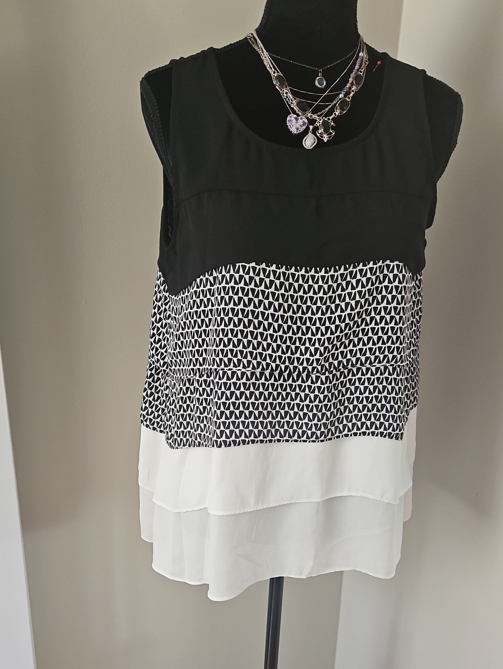 Alfani Black, White & Ivory Layered Geometric Chiffon Camisole